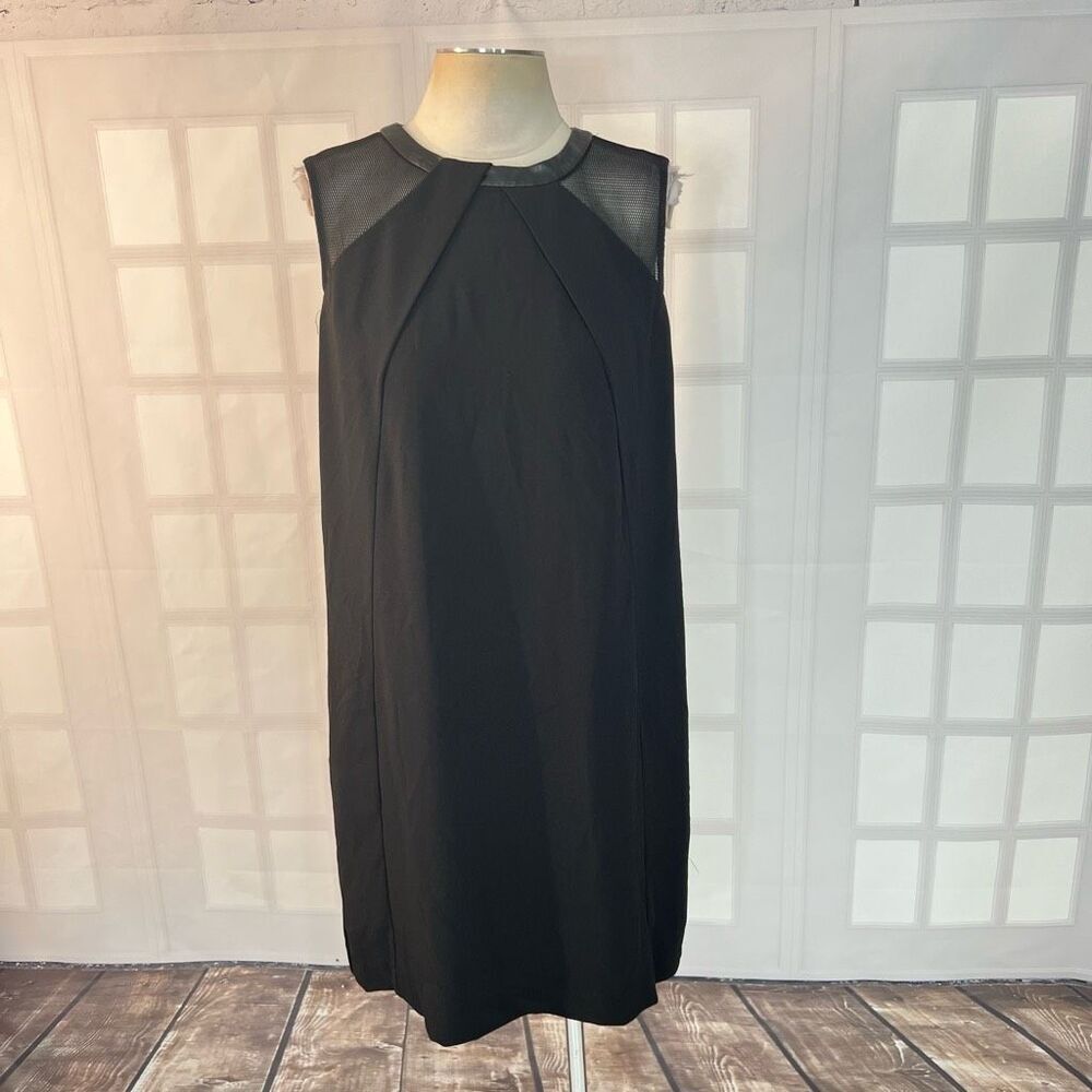 Tahari black faux leather trim sleeveless shift dress size 10